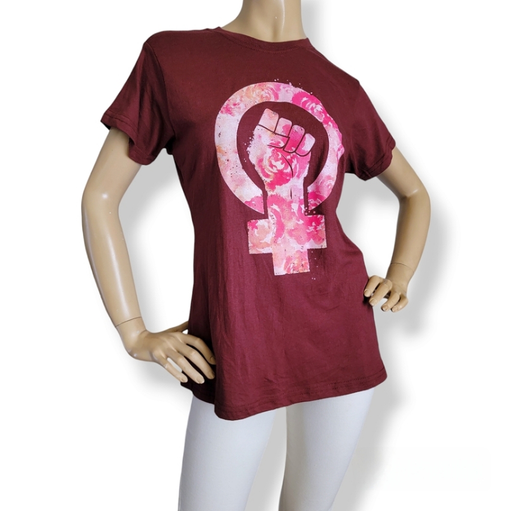 She Power Burgundy Female Empowerment  Floral Print T-Shirt